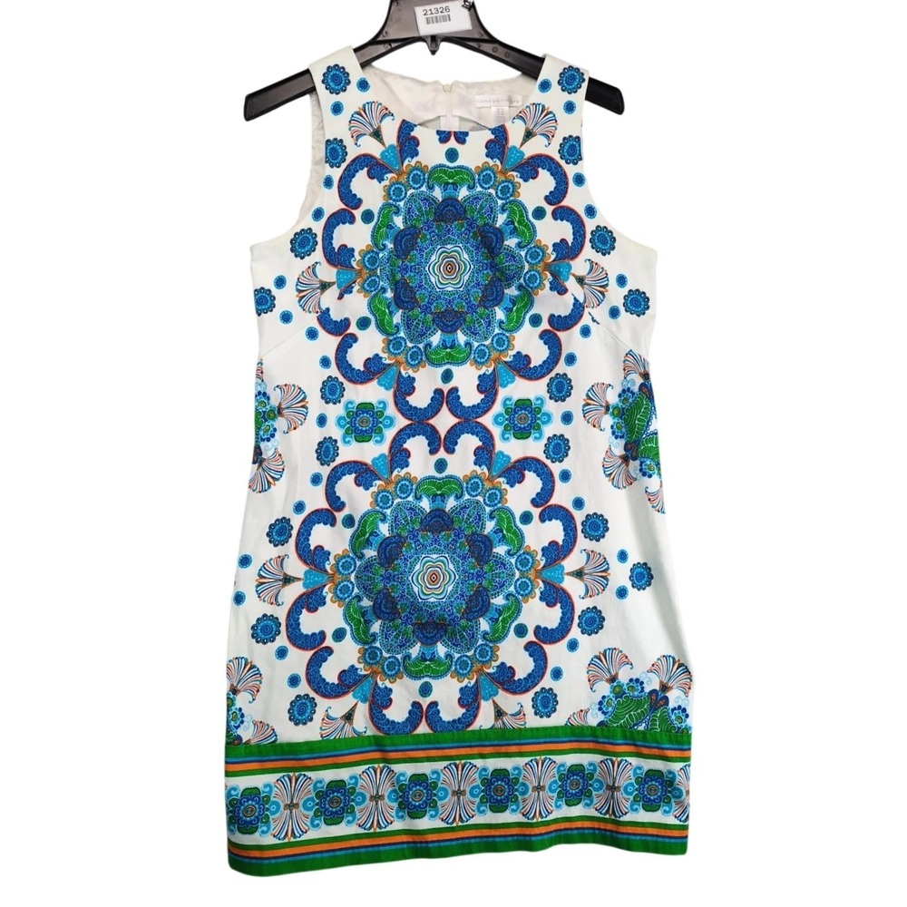 London Times Shift Mini Dress Sz 12 White Blue Boho Medallion Sleeveless Resort